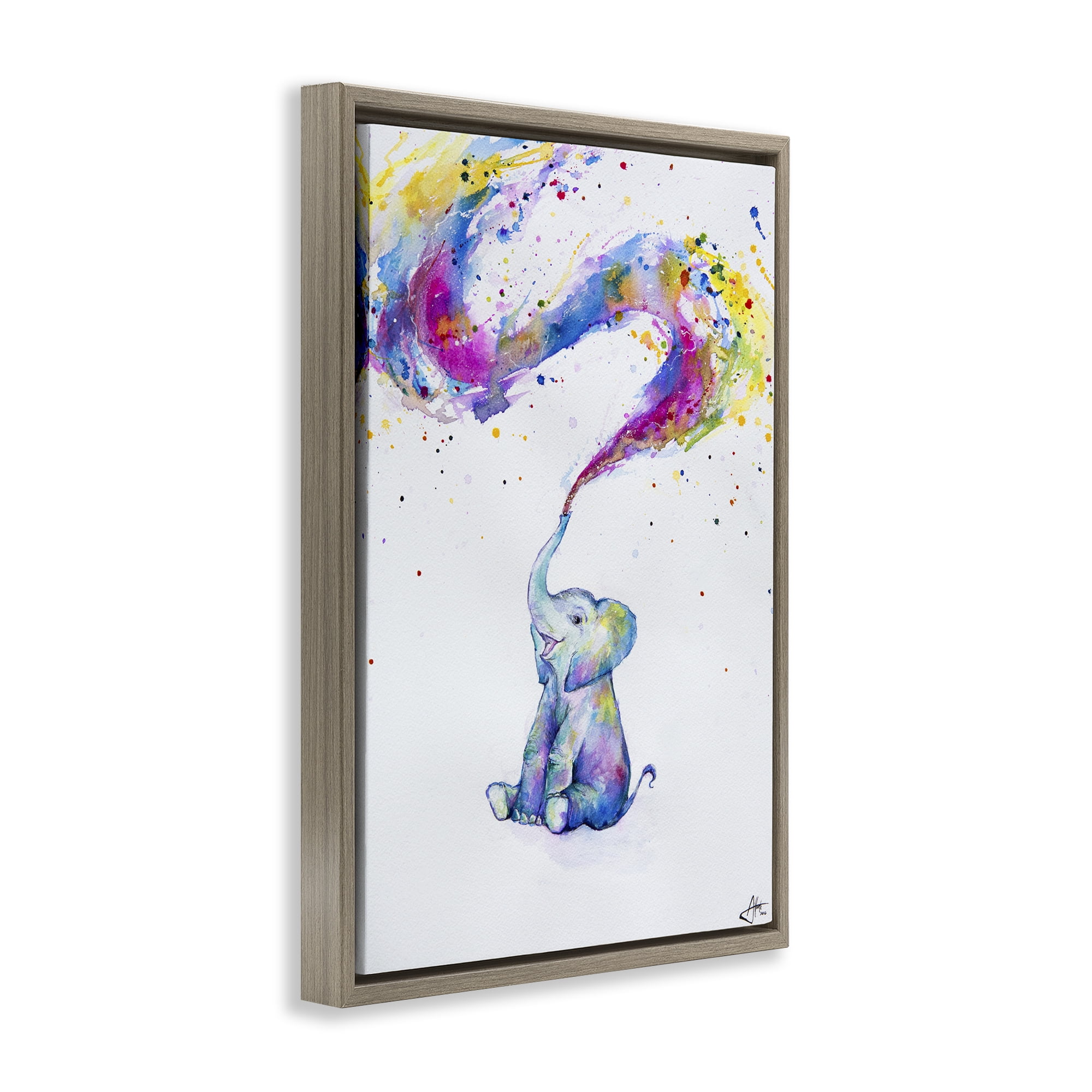 Stupell Industries Spring Elephant & Paint Splatter Brown Framed Floater Canvas Wall Art, design by Marc Allante