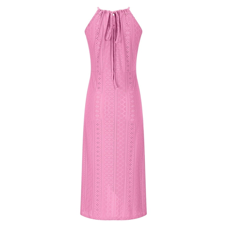 Htigea Women's Halter Dress Summer Hollow Out Eyelet Embroidery Dress  Sleeveless Pleated Slit Dresses Pink,XL - Walmart.com