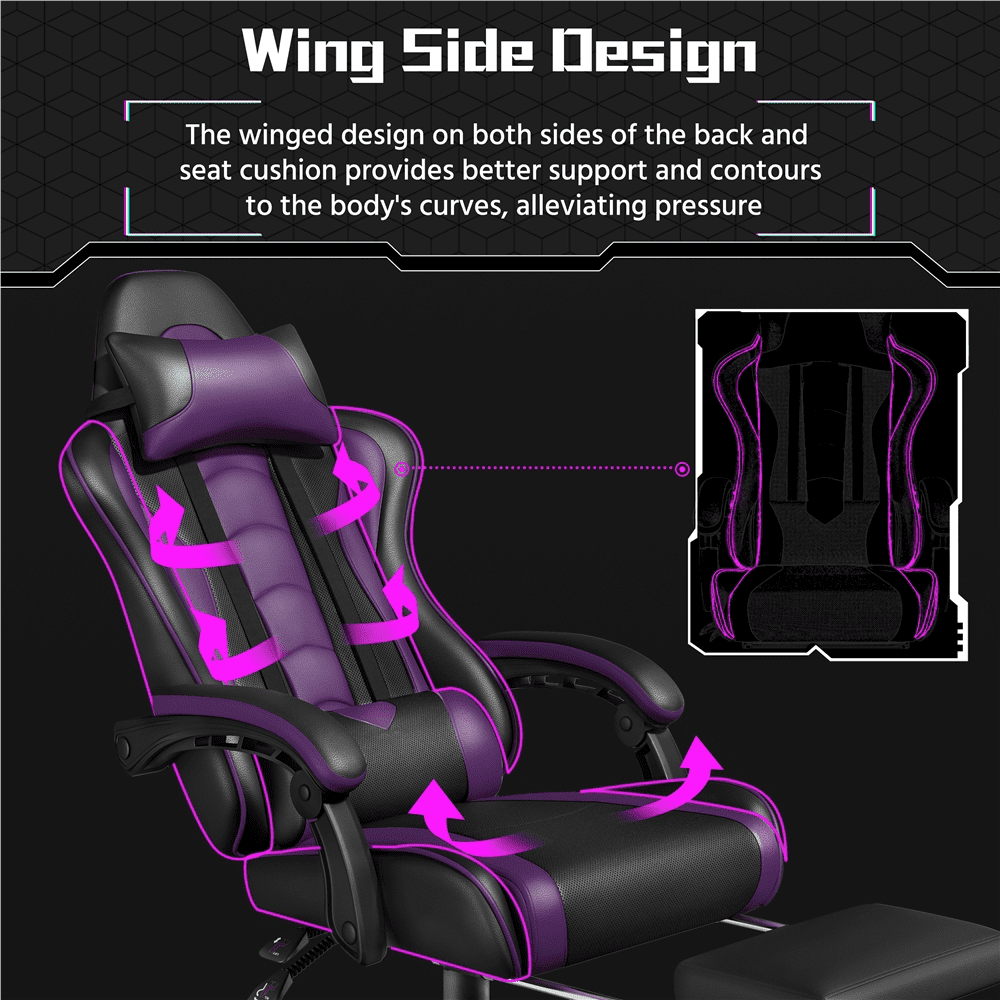 Alden Design High Back Reclining Ergonomic Gaming Chair with Slide Out Footrest, Black/Purple