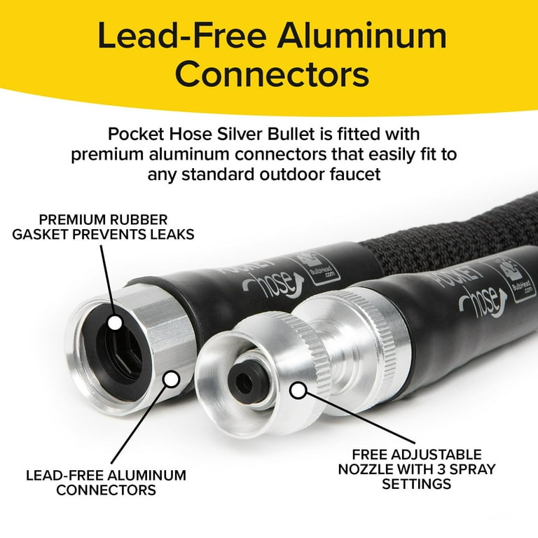 Pocket Hose Silver Bullet 100 FT Expandable Garden Hose Water Hose with Lead Free Aluminum Connectors