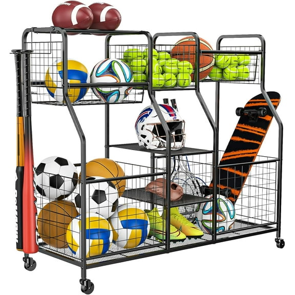 x-Cosrack Garage Sports Organizer, Ball Rack, Ball Storage, Ball Storage Rack, Garage Ball Storage, Sports Gear Storage,Rolling Sports Ball Storage Cart, Black