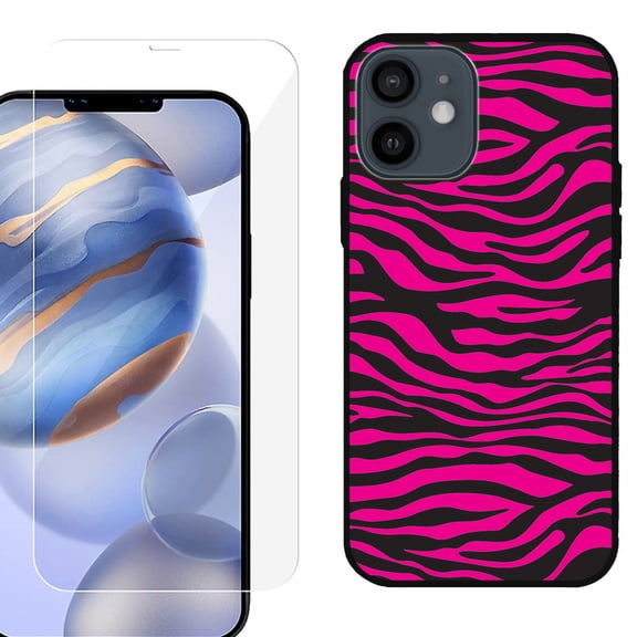 Slim-Fit Protective Phone Case (Black) compatible with iPhone 12 / iPhone 12 Pro, with Tempered Glass Screen Protector, by OneToughShield ® - Zebra Pink