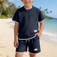 thumbnail image 4 of hoksml Unisex Kids' Waffle Knit Tee and Shorts Set, Short Sleeve Crew Neck Top with Contrast Trim and Drawstring Shorts, Boys' Casual Summer Outfit, 4 of 7