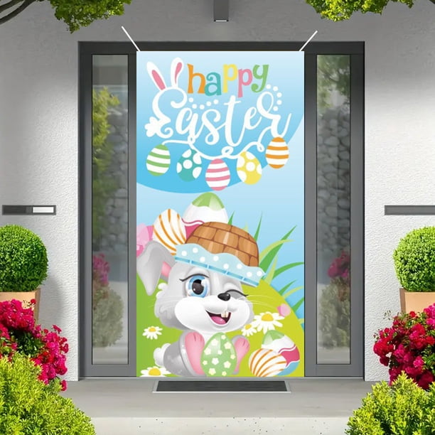 Decoraciones de Pascua, adornos de Pascua, regalos de Pascua, cortina de puerta de Pascua, lindo conejito, huevos de Pascua, escenario festivo, decoración de porche y patio, cubierta de puerta, cubier