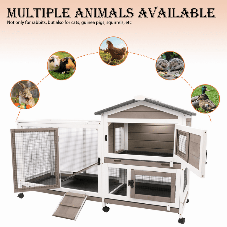 Petscosset Rabbit Hutch Indoor Bunny Hutch Indoor Upgrade Greywhite Rabbit Cage Wooden Rabbit House with Wheels Ramp Openable Roof for Rabbits