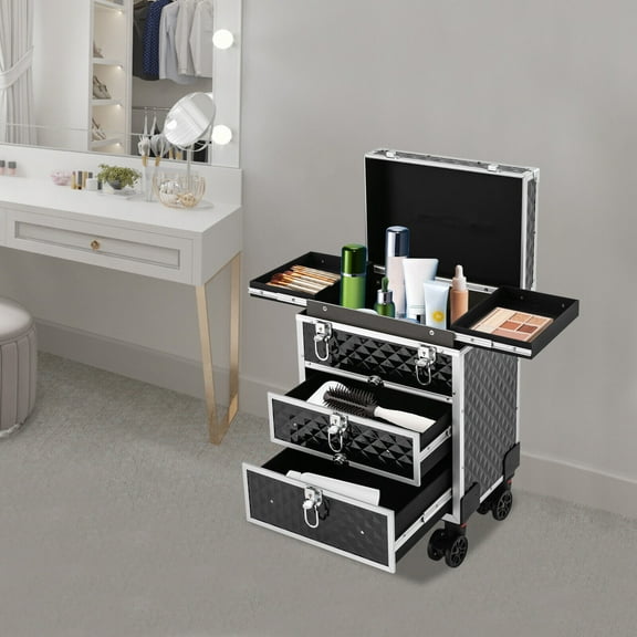 TFCFL Professional Rolling Makeup Case Train Case Cosmetic Trolley Cosmetic Storage Organizer
