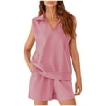 thumbnail image 2 of Ndbuld Women Summer Cotton Linen Short Sets 2 Piece Shorts Top Lounge Beach Vacation Two Piece Outfits Tracksuits Deal of The Week Pink 2XL, 2 of 9