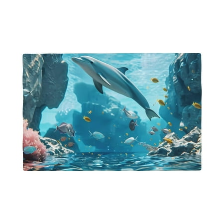 

Table Placemats Set of 6 - Underwater Dolphin Scene 12x18 In Faux Linen Double Heat Resistant Place Mats Cloth Indoor/Outdoor Placemats Washable Table Mats for Dining Kitchen Party