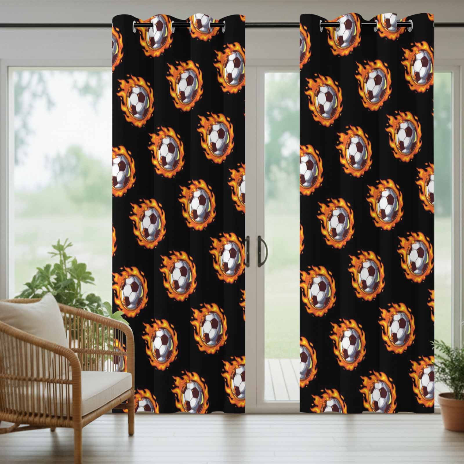 Dark Flaming Soccer Outdoor Curtains for Patio, Sports Orange Yellow Soccer Ball Black Background Sunshade Privacy Drapes Grommet Waterproof Outside Curtains for Porch Balcony 54"x108", 1 Panel