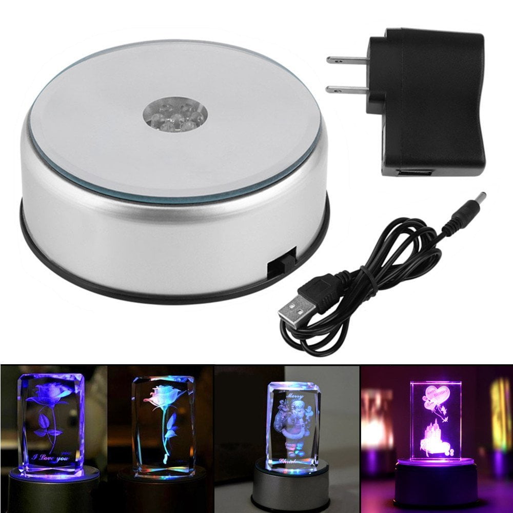 7 Color LED Light Rotating Crystal Display Base Stand Holder with AC US