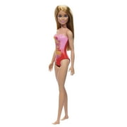 Beach Barbie Doll with Blond Hair Wearing Pink Palm Tree-Print One-Piece Swimsuit