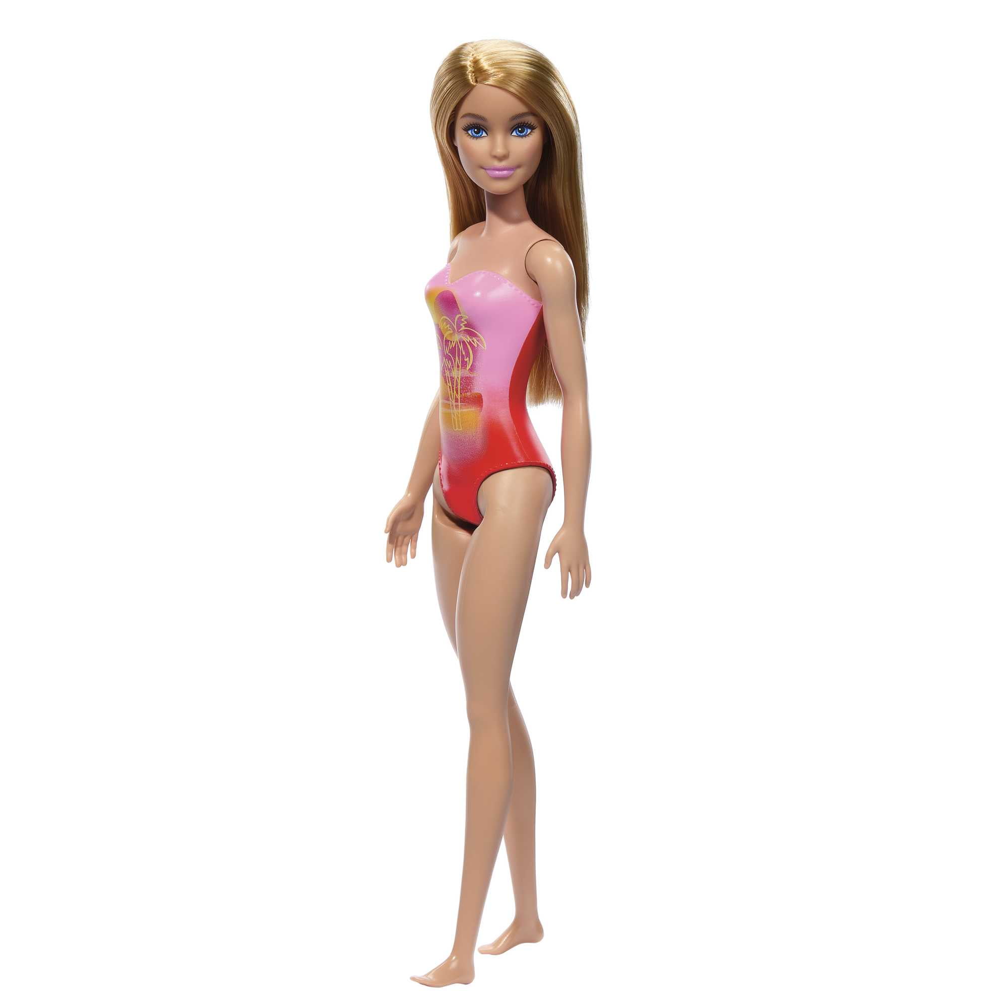Beach Barbie Doll with Blond Hair Wearing Pink Palm Tree-Print One-Piece Swimsuit