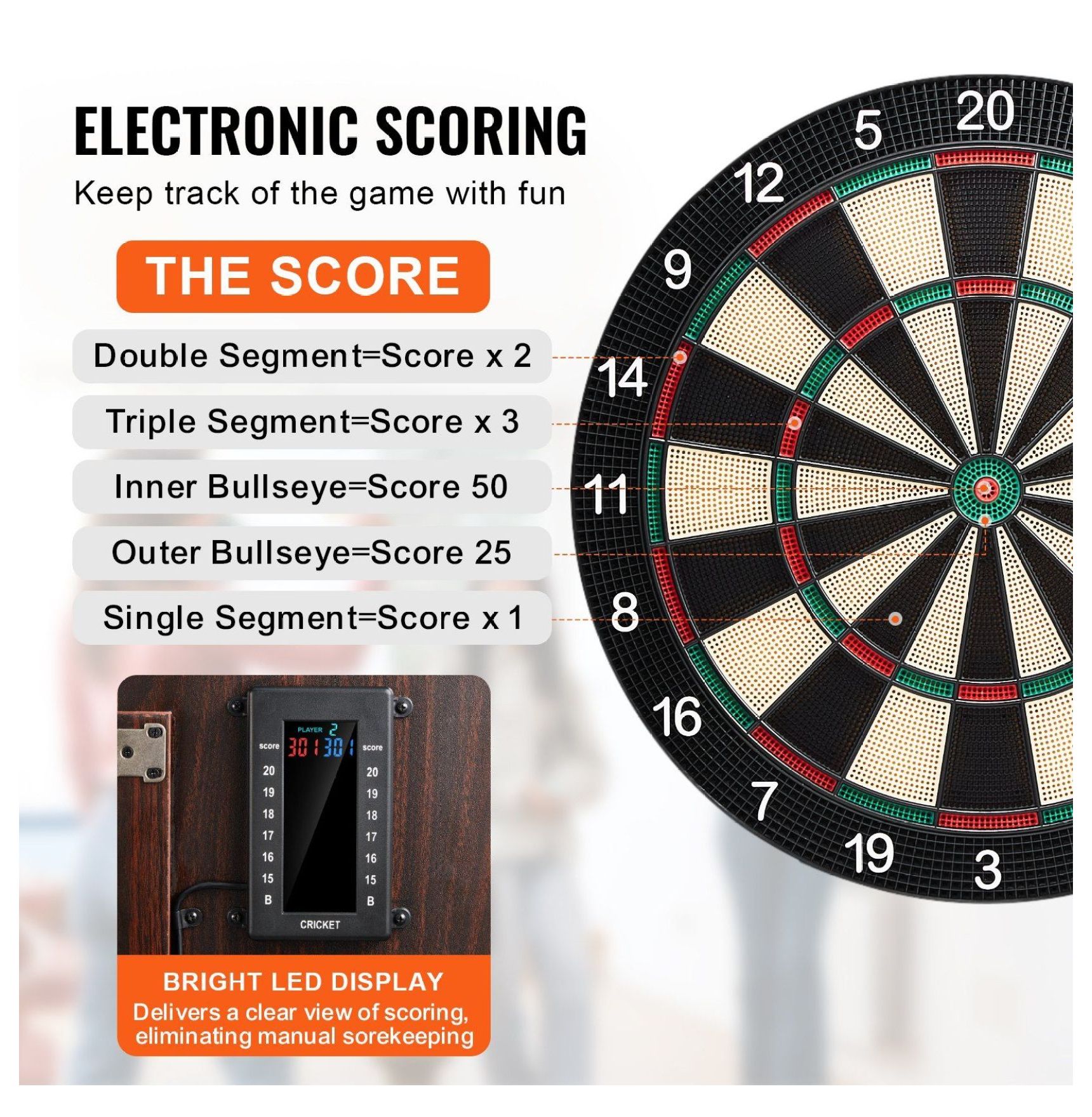 Dartboard Cabinet Set with LED Scoring - Soft Tip Darts, 40 Games, Family Fun