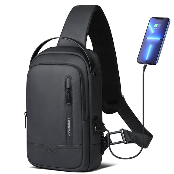 HEROIC KNIGHT Travel Sling Bag with USB Charging Port, Slim Men Crossbody Chest Bag for Daily Commute Outdoor Sports Black