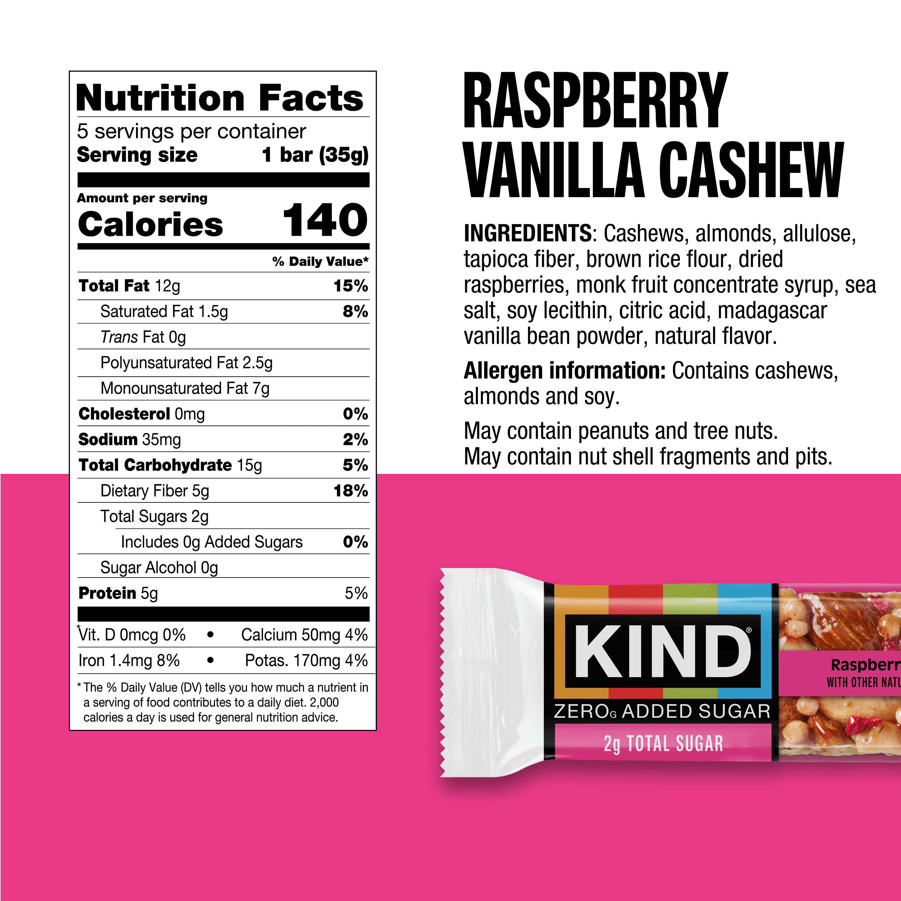 (6 pack) KIND Zero Added Sugar Bars, Raspberry Vanilla Cashew, Gluten Free, High Fiber, 5 Count