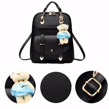 Leather Like Satchel Bag - Women's Sweet Bear Bag Casual Backpack PU Leather Shoulder Bag with Bear Pendant Travel Book Bags