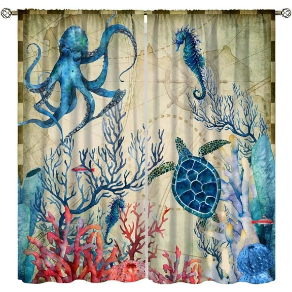 Ocean Animal Curtains,Nautical Map Turtle Octopus Coral Print Window Treatments for Bedroom Living Room Kitchen Café Tropical Beach Theme Home Decor 2 Panels Set,Total Size 42 x 54 Inch