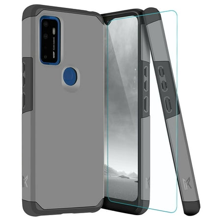 TJS Phone Case for Cricket Dream 5G / Innovate 5G / AT&T Radiant Max 5G / Fusion 5G, with Tempered Glass Screen Protector, Dual Layer Drop Protection Impact Rugged Armor Cover (Gray)