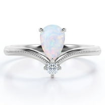 JeenMata Milgrain Border - 1 Carat Pear Cut Genuine Opal and Moissanite - V Shaped Double Stone Engagement Ring - 18K White Gold Plating over Silver