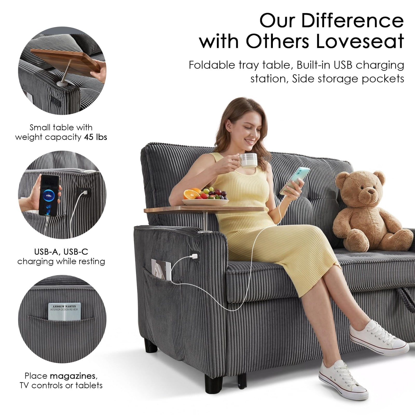 54" Sleeper Sofa Bed, Convertible Pull Out Couch Futon with Side Table, USB Charging Port, Corduroy Fabric, Adjustable Backrest Sofa Bed for Apartment Office, Dark Gray