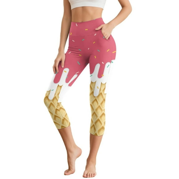 HELLHERO Ice Cream Printed Yoga Pants High Waisted Capri Leggings Athletic Workout Leggings Breathable Yoga Capris with Pockets, 3XL