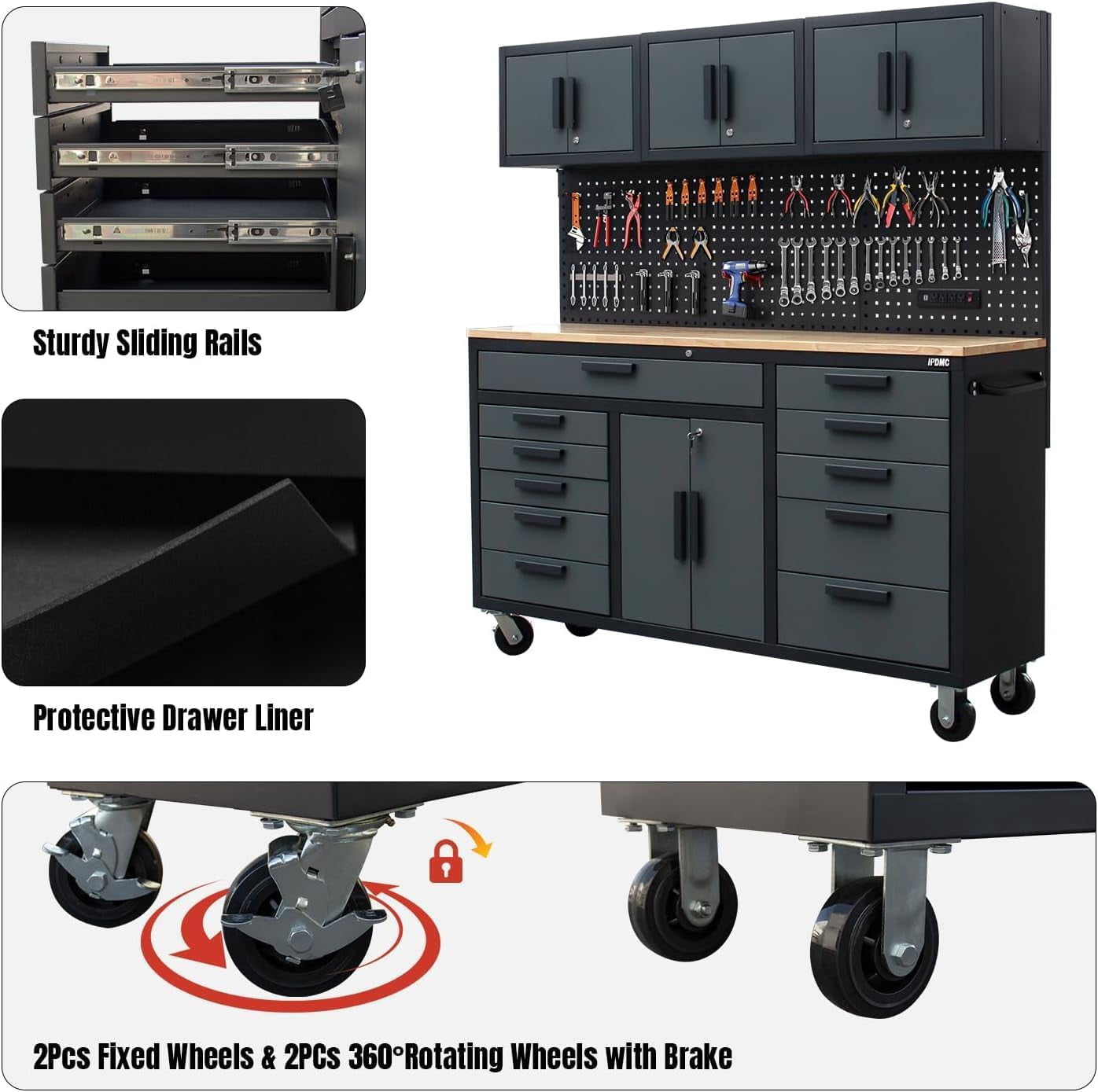 HPDMC 72in Rolling Tool Chest Cabinet Mobile Garage Workbench Heavy-Duty Tool Cabinet on Wheels with 11 Drawers, 2-Door Cabinet, 3 Top Cabinet, Pegboard & Power Strip for Tool Organization