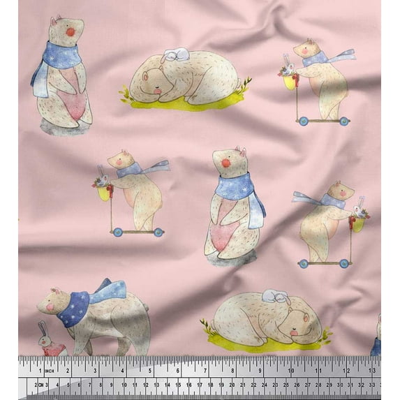 Soimoi Cotton Poplin Fabric Cycle,Rabbit & Bear Kids Fabric Prints By Yard 56 Inch Wide
