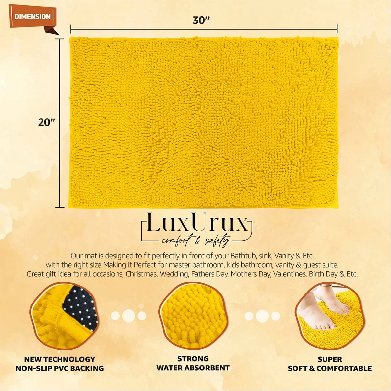 Plush Bath Mat, Super Absorbent and Quick-Drying, Non-Slip Bottom, Machine Washable, for Bathroom and Shower, Soft Shaggy Rug Yellow2