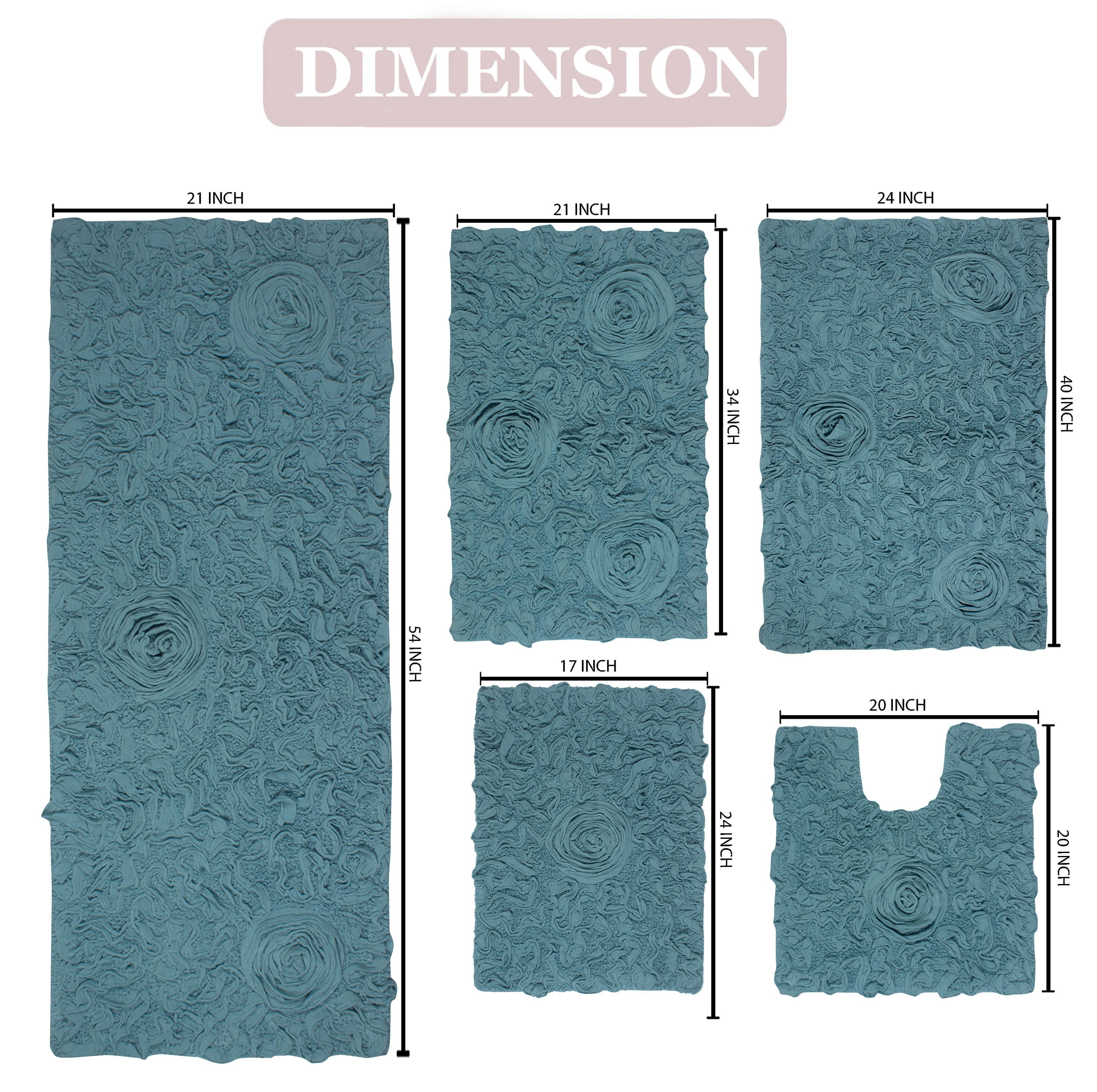Home Weavers Bell Flower Collection 100% Cotton Non-Slip Bathroom Rug Set Machine Washable Bathroom Rug, U Shaped Contour, Bathroom Rug, Bath Rug, Runner, Blue Color 5 Piece Bath rug set
