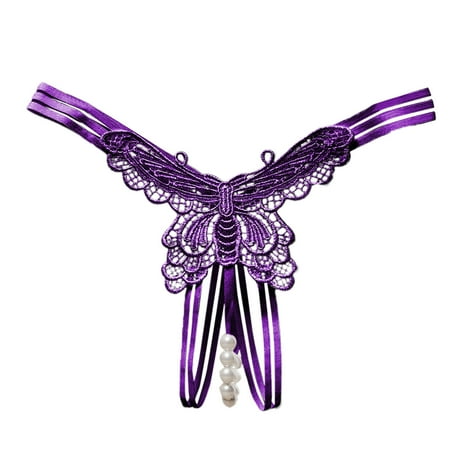 Women Sexy Thongs Purple Hollow Underwear Thongs Pearl Underwear for Women Thong Lingerie Underwear One Size