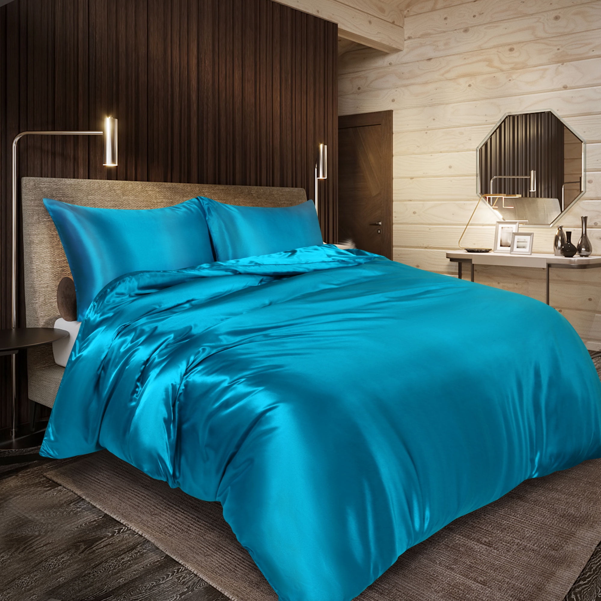 Unique Bargains Satin Duvet Cover Set of 3 with 2 Pillowcase Twin Peacock Blue