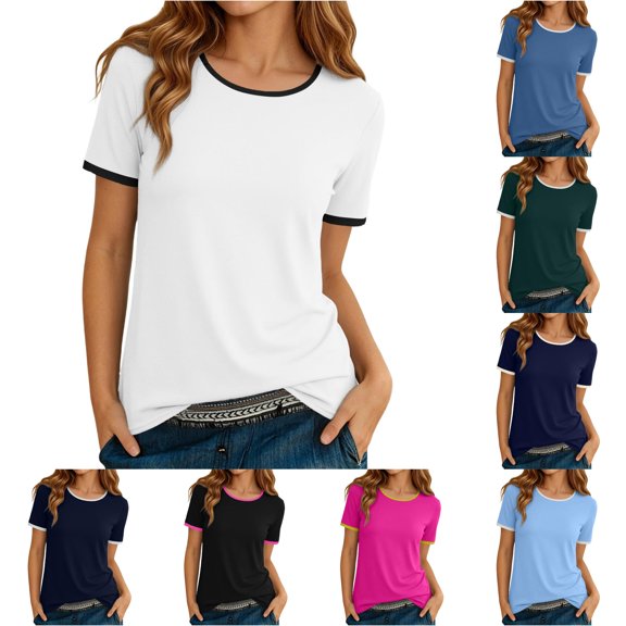 Krdevn Women Contrast Crew Neck Short Sleeve T Shirts Classic Ringer Basic Casual Tops,White