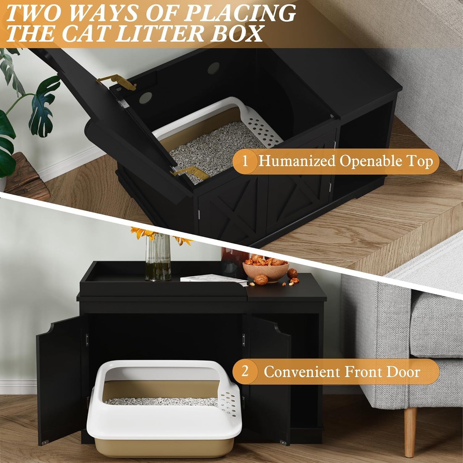Flip Top Cat Litter Boxes Enclosure Covered Litter Box Hidden Furniture Wooden Cat Washroom Cabinet for , Medium and Large Cat Black