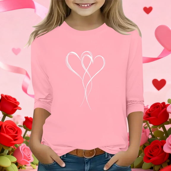 Xdegoge Girls Heart Print 3/4 Sleeve T-Shirt Casual Fashion Tops for Kids Valentine's Day Tee Shirt Toddler Crewneck Graphic Tshirt Shirts