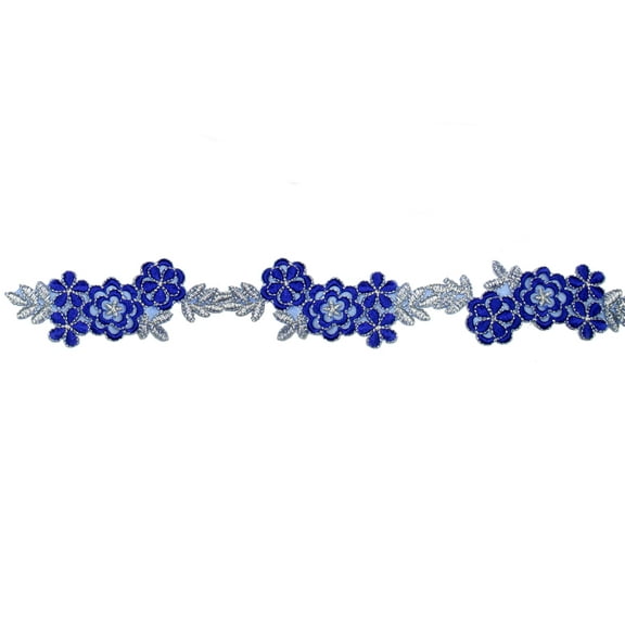 1.75" Embroidered Floral Royal Blue with silver metallic by Yard (1.75" Royal Blue)