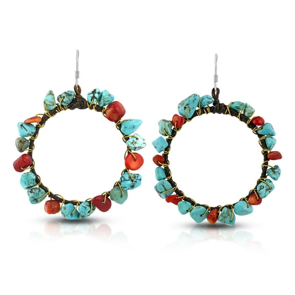 Copper Wire Simulated Turquoise and Reconstructed Red Coral .925 Sterling Silver Hoop Earrings