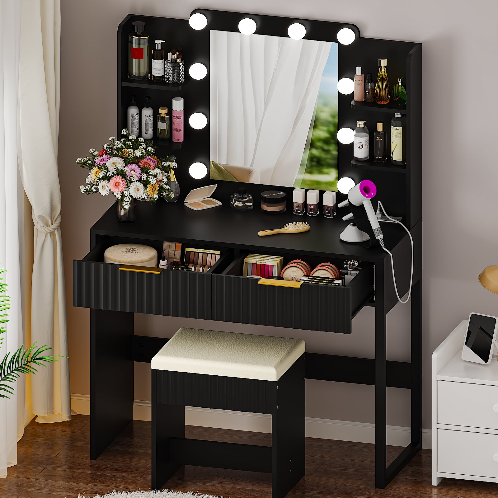 Ktaxon Lighted Makeup Vanity and Stool, Black Vanity Table Set with 2 Drawer and Charging Station, Femal Gift
