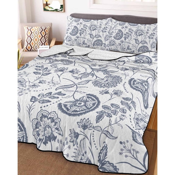 Pastoral Flowers King Size Down Alternative Comforter, Lightweight Comforter Quilt Bedding Set with Pillow Shams Vintage Haze Blue Farmhouse Plant All Seasons Bed Comforter Duvet Insert 96"x106"