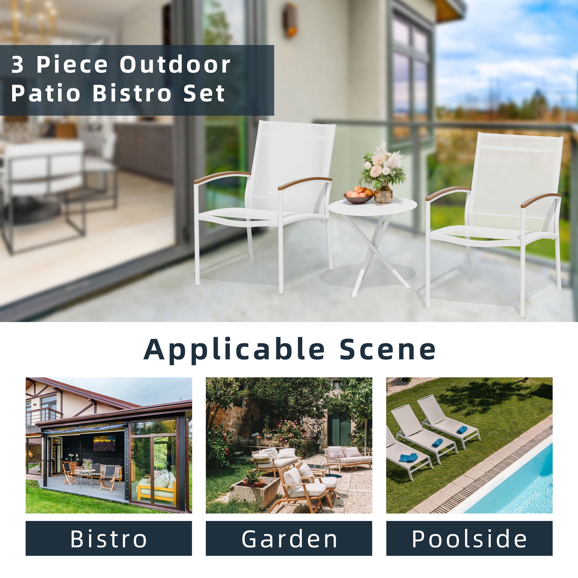 Walsunny Outdoor Patio Bistro Sets 3-Piece Balcony Furniture with 2 Bistro Chairs 1 Outdoor Bistro Table White