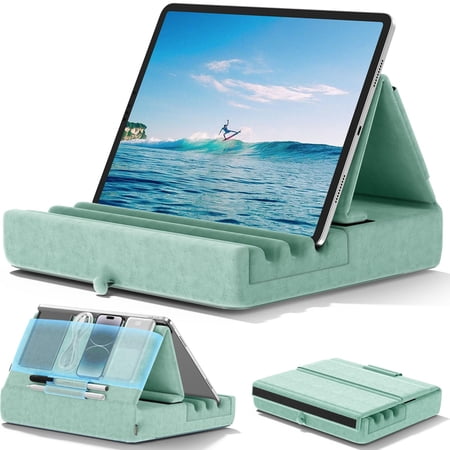 KDD Tablet Pillow Holder, Foldable iPad Stand for Lap, Bed and Desk -Tablet Soft Pad Dock with Pocket & Stylus Mount Compatible, Green