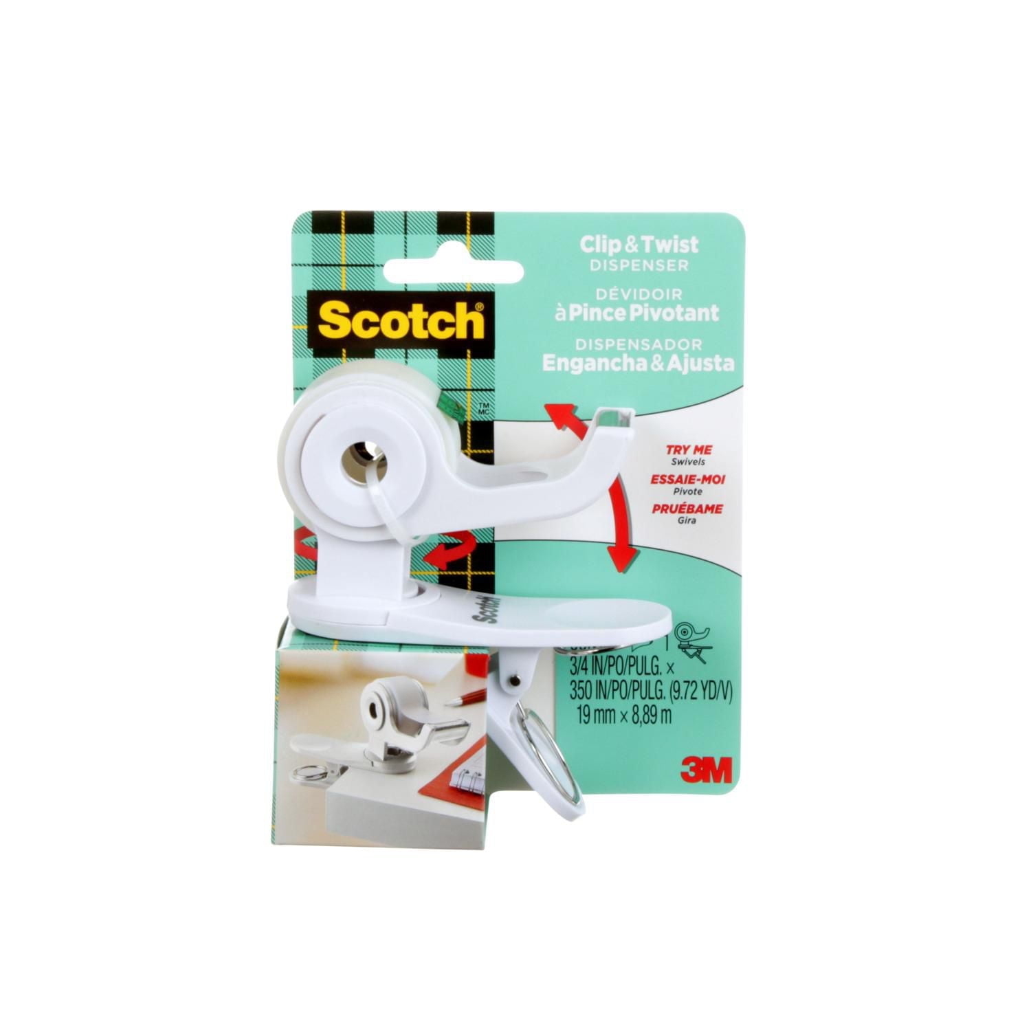 Scotch® Desktop Tape Dispenser C19-CLIP-SR-W, Clip & Twist, 0.75 in x 350 in (19 mm x 8.89 m), Tape Dispenser