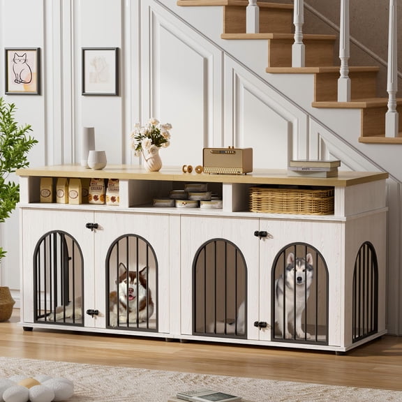 Double Dog Crate Furniture 71 in Dog Kennel Furniture for 2 Medium Dogs, Heavy Duty Dogs Cage XL Dogs House Indoor with 3 Storage Shelves, Large Puppy Crates with 8 Adjustable Feet