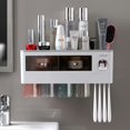 thumbnail image 1 of Soporte para cepillo de dientes multifunción para baño, artículo para el hogar, exprimidor automático de pasta de dientes, estantes de almacenamiento, accesorios de baño (cuatro tazas grises) JM, 1 of 5