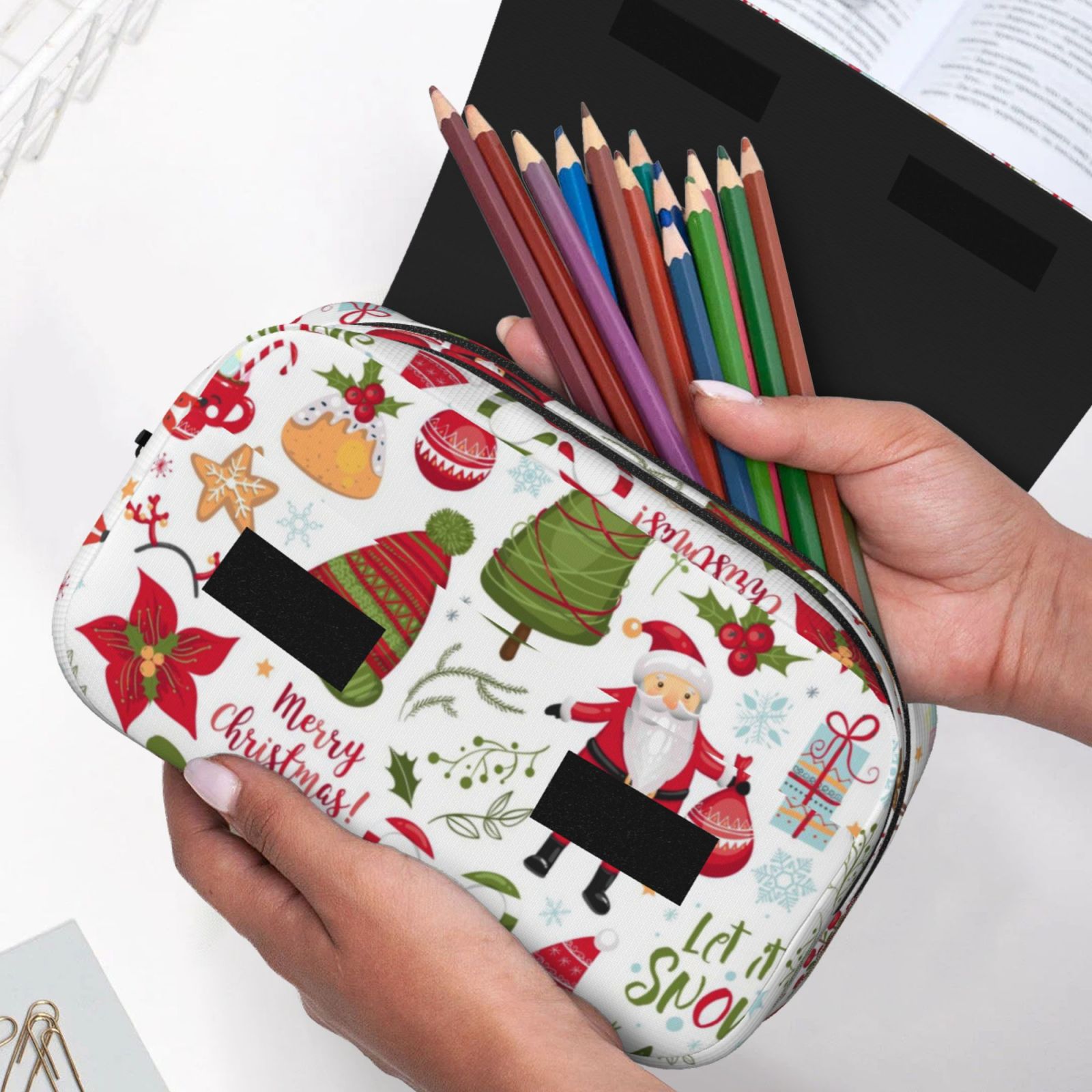 Rateoe Snowflakes Santa Claus Pattern Double Clamshell Pen Case, Storage Organizer with Two Zipper Compartments– Holds Up to 50 Pencils & Pens