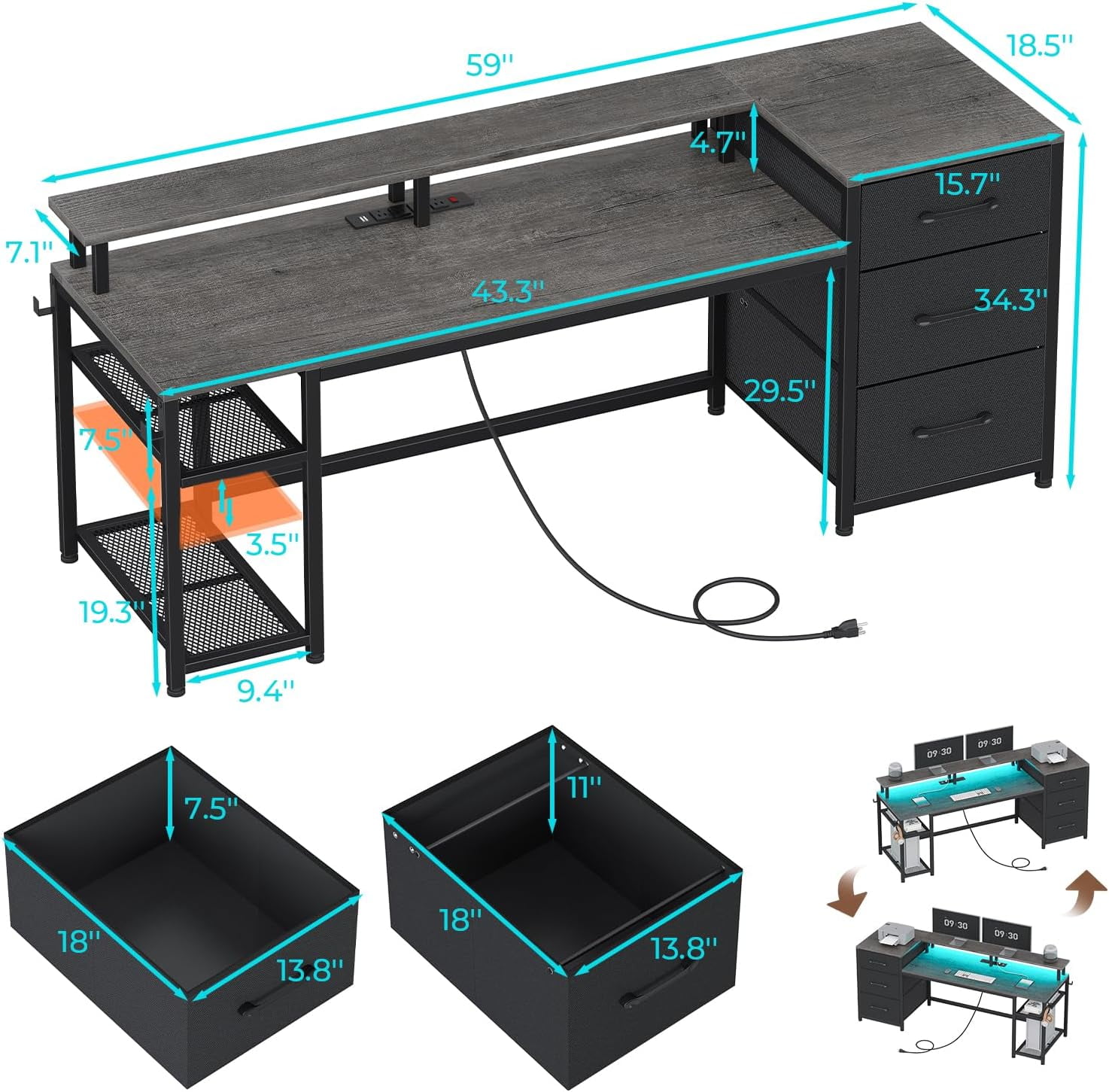 59" Office Desk with Drawers, Reversible Computer Desk with File Drawers & Storage, Gaming Desk with LED Lights & Power Outlet, Home Office Desks for Printer, Grey