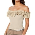 thumbnail image 2 of ClodeEU Women's Off Shoulder Ruffle Short Sleeve Blouse Tops Shirt Beige,Womens Plus S, 2 of 6
