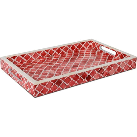 

Handicrafts Home Moorish Moroccan Pattern Inspired Ideal Ottoman Rectangle Multipurpose Bone Inlay Serving or Simply Use as a Decorative Trays 11 x17 Red White