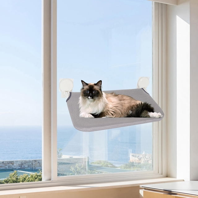 Asiento de percha para ventana de gato, ahorro de espacio, lavable, para gatos grandes, cubierta de malla montada en ventana, muebles, cama Gris Salvador Percha de ventana de gato