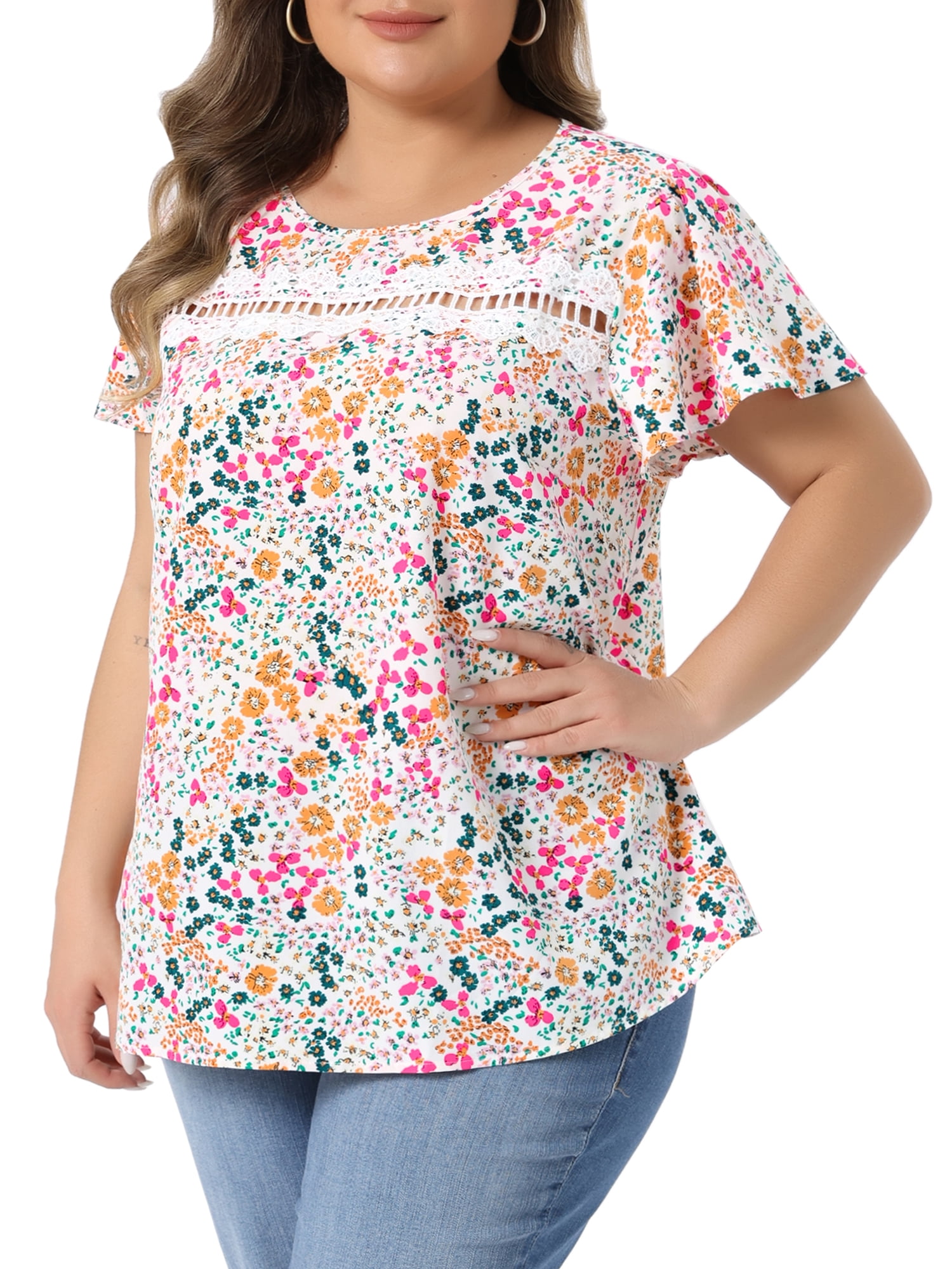Women's Plus Women's Floral Short Sleeve Crew Neck Blouse Summer Shirt 4X White