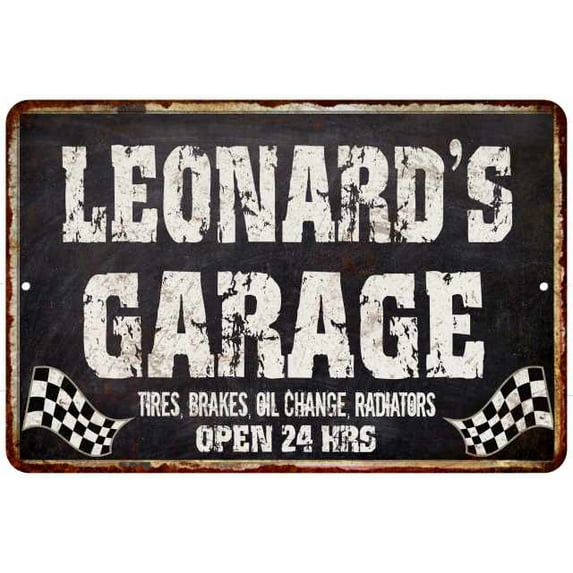 LEONARD'S Garage Black Grunge Sign 8 x 12 Matte Finish Metal 108120005414